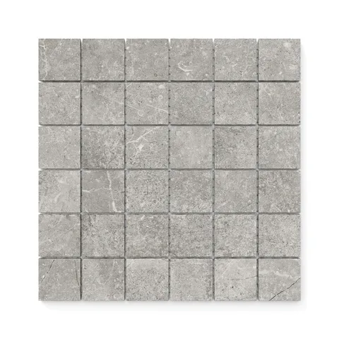 Contemporary 2x2 mosaic tiles in gray tones with a matte finish, featuring subtle veining for a modern and versatile design.