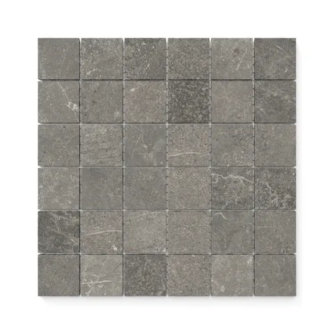 Porcelain tile mosaic in a dark gray hue, featuring 2x2 squares with matte finish and subtle veining, perfect for walls and contemporary accents.