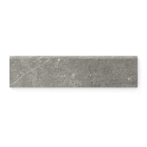 Modern 3x12 bullnose trim tile in dark gray with a matte finish, featuring refined veining for sleek and seamless edge detailing.