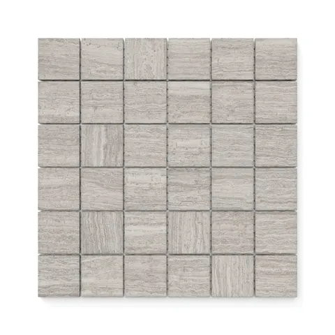 Hendrix Taupe 2x2 mosaic tiles in a matte finish, showcasing subtle taupe tones and a modern grid layout.
