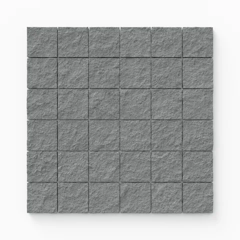 Palmer 2x2 raw porcelain mosaic tile in a textured grey finish, perfect for adding depth to modern designs.