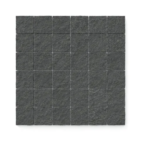 Palmer 2x2 raw porcelain mosaic tile in nero, designed to bring a rich and dramatic texture to your spaces.