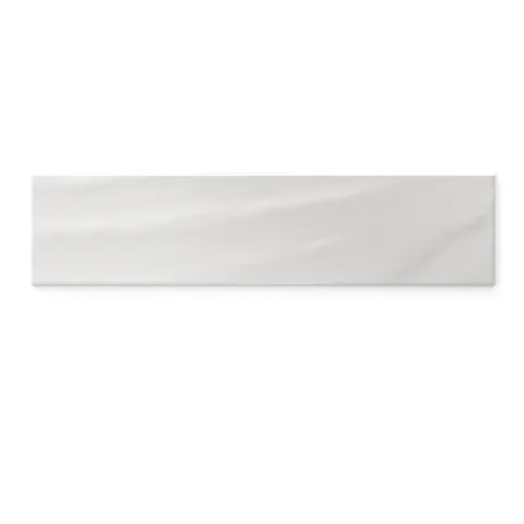 Palmer 6x24 glossy porcelain bullnose tile in Bianco, featuring a sleek and smooth white finish.