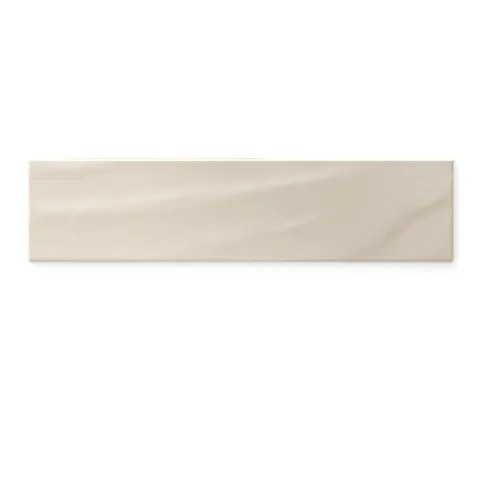 Palmer 6x24 glossy porcelain bullnose tile in sand, showcasing a wavy texture and soft beige tone for a polished, seamless edge.