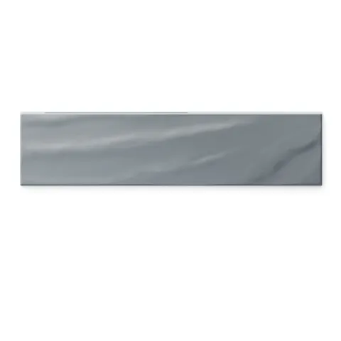 Palmer 6x24 glossy porcelain bullnose tile in blue grey, featuring a sleek wavy texture and refined edges for a polished look.