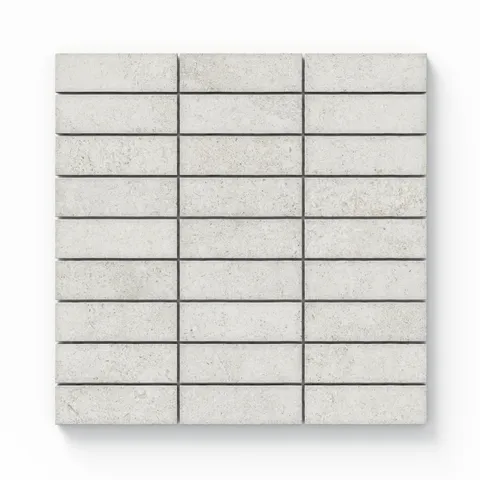 Adeline 1x4 Matte Porcelain Mosaic Tile in Sand features a soft beige hue arranged in a grid pattern, ideal for backsplashes or accent walls.