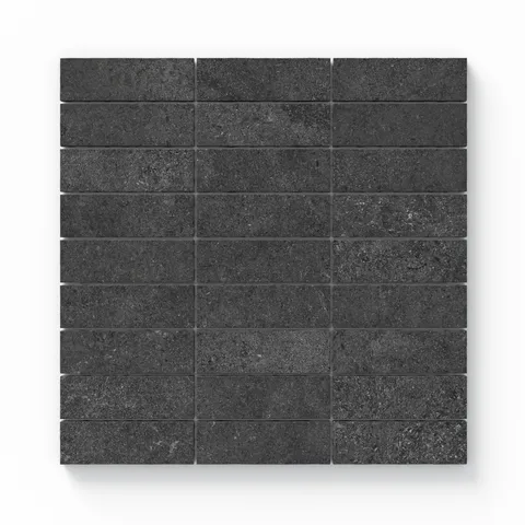 Adeline Midnight 1x4 matte mosaic tiles showcasing a rich, dark tone with subtle variations for a bold and modern aesthetic.
