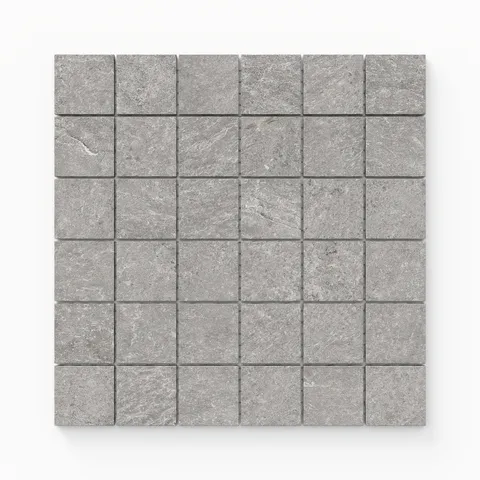 Dawson 2x2 Matte Porcelain Mosaic Tile in Ash, showcasing its refined gray tones and textured square pattern.
