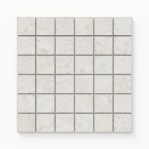 Dawson 2x2 Matte Porcelain Mosaic Tile in Alabaster, highlighting its bright tone and intricate square pattern.