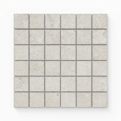 2x2 square mosaic tiles in sand beige hue, showcasing a matte finish and natural cross-cut textures, perfect for refined and modern accents.