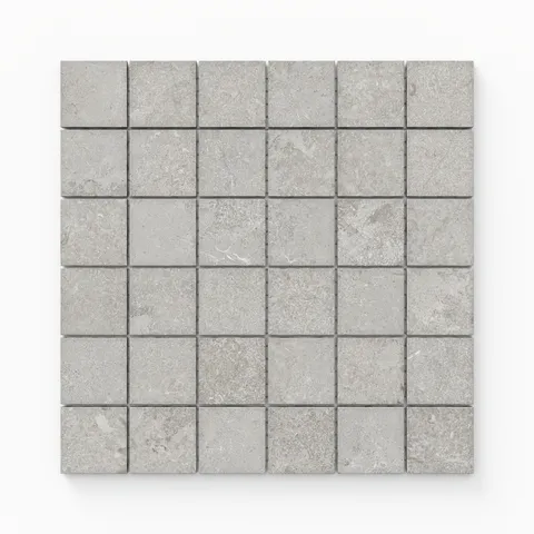 Natural taupe matte porcelain mosaic tiles in a 2x2 square layout, showcasing cross-cut textures for a warm and elegant aesthetic.