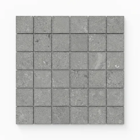 Bold dark gray matte porcelain mosaic tiles, featuring a 2x2 square layout with intricate cross-cut patterns for a modern and stylish look.