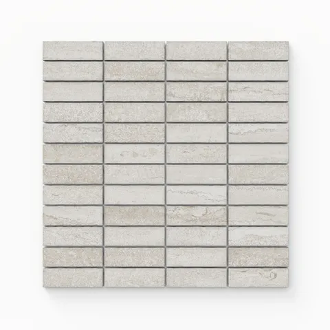Matte porcelain mosaic tiles in a serene sand beige tone, featuring a 1x3 vein-cut design that adds natural warmth and texture to modern interiors.