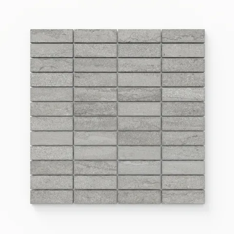 Matte porcelain mosaic tiles in a sleek ash gray tone, featuring a 1x3 vein-cut design, ideal for adding texture and modern elegance to interiors.