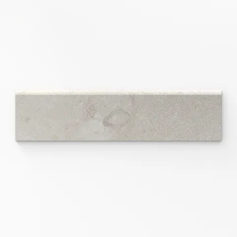 A 3x12 sand beige matte porcelain bullnose tile with a cross-cut pattern, perfect for adding a refined, seamless edge to any design project.