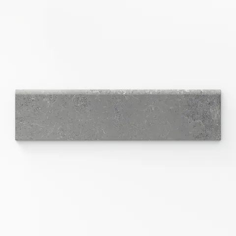 A rich pewter gray matte porcelain bullnose tile, measuring 3x12, featuring a cross-cut design, designed to provide seamless edge finishes with a contemporary, sophisticated touch.