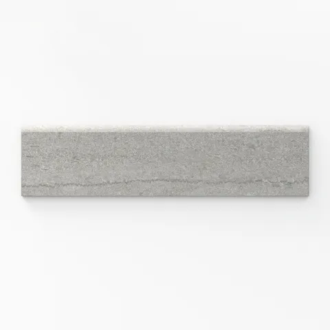 A refined 3x12 matte porcelain bullnose trim tile in taupe, showcasing a delicate vein-cut pattern, ideal for elegant edge detailing in modern designs.