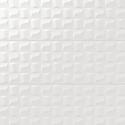 Zayne 12x36 matte ceramic tiles in Blocks showcasing a geometric 3D pattern in crisp white, ideal for modern interiors.