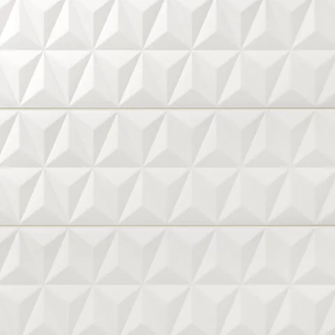 Zayne 12x36 matte ceramic tile in Prisms features a striking 3D prism pattern, delivering a contemporary edge and dynamic dimensionality to modern interiors.