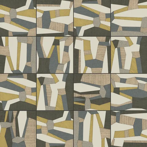 Vibrant 12x12 tiles featuring an abstract textile-inspired design with geometric shapes in multicolor, creating a dynamic and artistic matte finish.