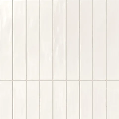 Jaden Eggshell 2.5x16 gloss tiles, featuring a luminous creamy tone and sleek finish, ideal for creating timeless and refined interiors.