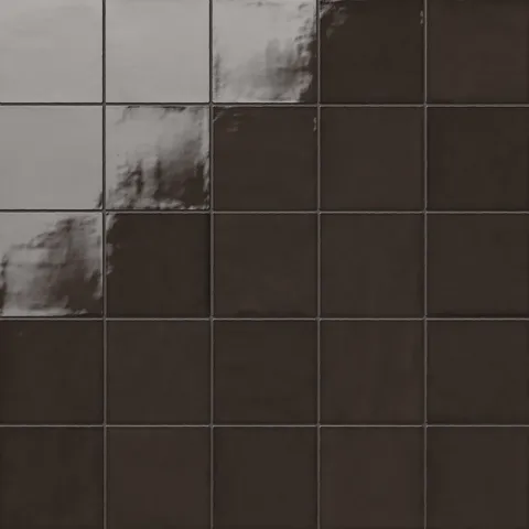 Mikayla glossy dark brown 5x5 square ceramic tiles with subtle handmade texture and light reflections, adding depth and a modern elegance to any surface