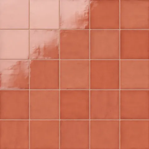Radiant Mikayla coral-orange 5x5 square ceramic tiles with a high-gloss finish, perfect for creating a warm, vibrant accent in kitchens or bathrooms