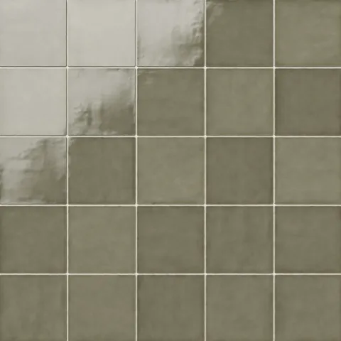 Mikayla olive-green 5x5 square ceramic tiles with subtle tonal variations and a smooth, glossy surface