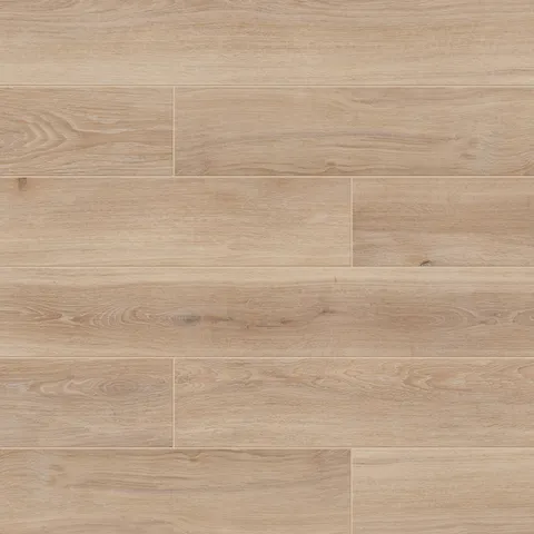 Jameson 8x48 matte porcelain tile in Camel showcases a warm beige wood-look design with natural grain details and a matte finish, perfect for inviting, cozy interiors.