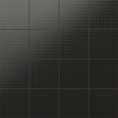 Kira 12x12 satin ceramic tiles featuring a sleek black surface with evenly spaced depressed gold dots for a modern, textured look