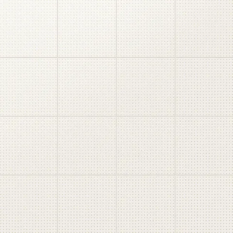 Kira 12x12 satin ceramic tiles featuring a clean white surface adorned with evenly spaced indented gold dots for a subtle textured design