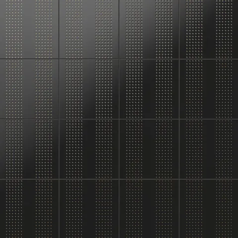 Kira black 12x12 satin ceramic tiles featuring bold vertical stripes with textured gold dot patterns, creating a striking modern look