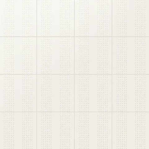 Kira white 12x12 satin ceramic tiles featuring subtle gold dotted vertical stripes for a modern and refined design
