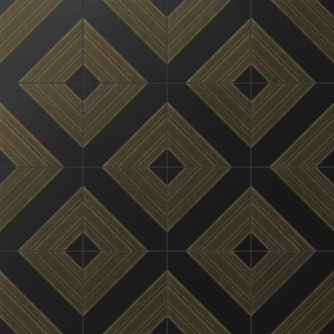 Elegant black satin ceramic tiles with intricate gold diamond-line patterns, ideal for luxurious statement wall