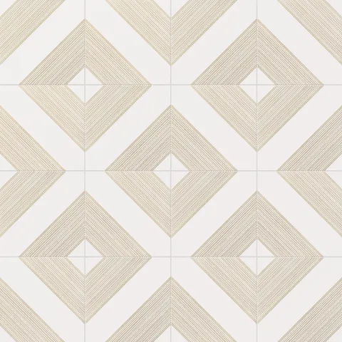 Elegant white satin ceramic tiles with radiant gold diamond-line patterns, adding a luxurious touch to any interior