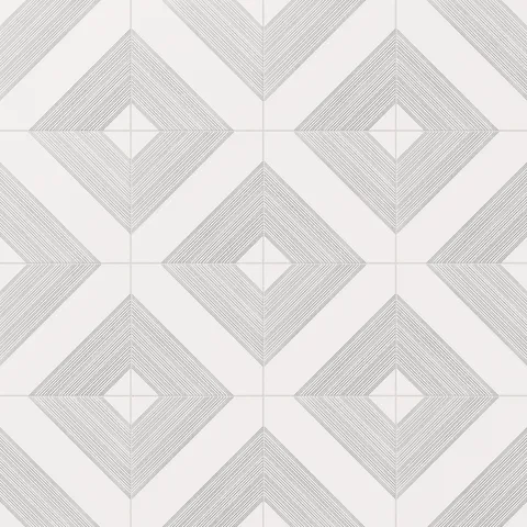 Refined white satin ceramic tiles with intricate silver diamond-line patterns, perfect for creating a sophisticated space