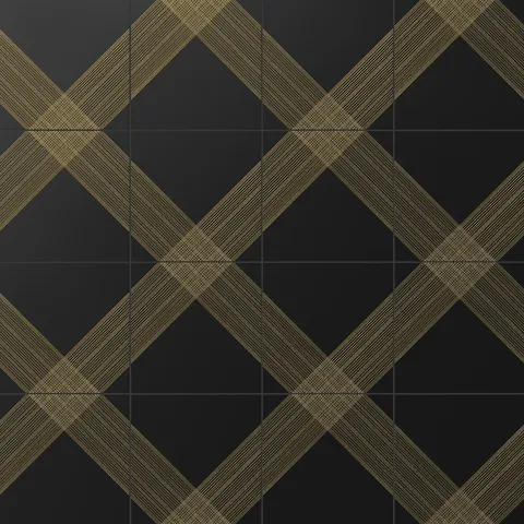 Elegant black satin ceramic tiles featuring intersecting gold lattice patterns for a bold and luxurious statement