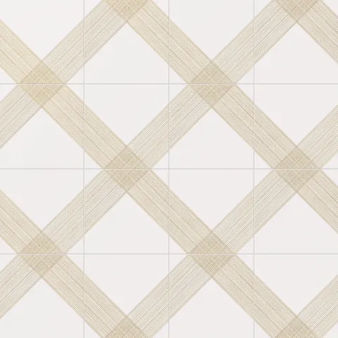 Elegant white satin ceramic tiles with intricate gold crisscross patterns, adding a luxurious touch