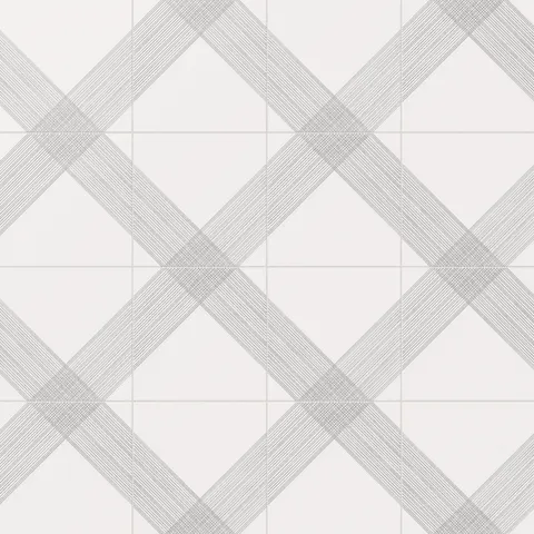 Modern white satin ceramic tiles with sleek silver crisscross designs, perfect for a contemporary aesthetic