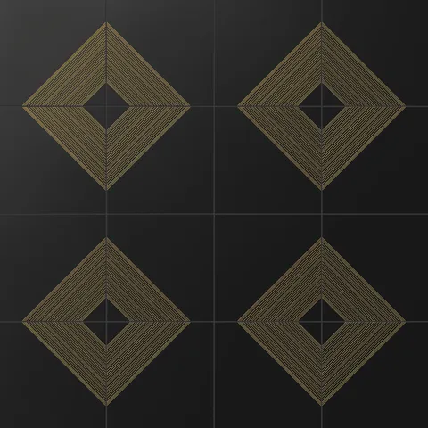 Elegant black satin ceramic tiles with bold gold diamond motifs, creating a luxurious and modern wall statement