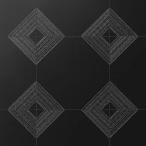 Refined black satin ceramic tiles with intricate silver diamond patterns, exuding a contemporary and chic allure