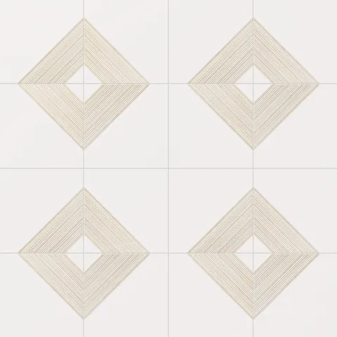 Elegant white satin ceramic tiles adorned with gold diamond accents, bringing a timeless sophistication to interiors