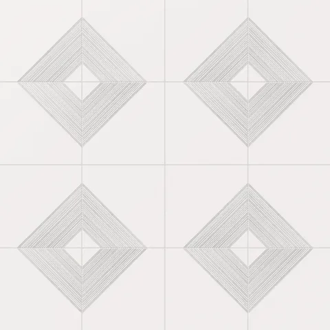 Refined white satin ceramic tiles with silver diamond patterns, adding a sleek, modern aesthetic to spaces
