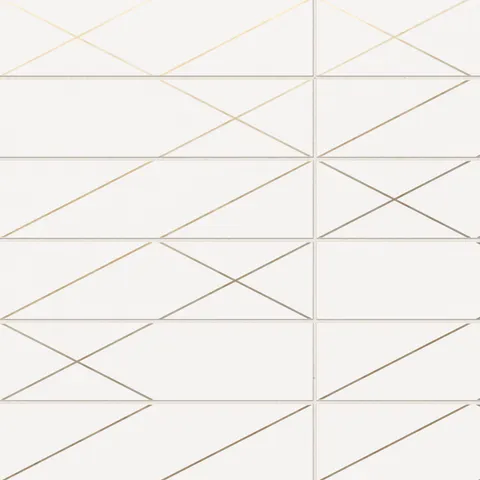 Luxurious white glossy subway tiles with gold linear accents forming geometric patterns for a sophisticated look