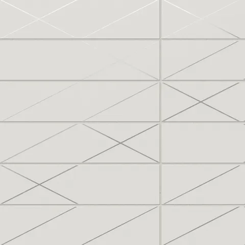 Elegant white glossy subway tiles with silver geometric lines for a modern and refined design aesthetic