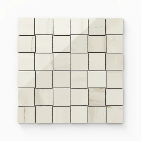 Kendrick Sand polished mosaic tile in a 2x2 size, featuring soft beige tones and subtle veining for a warm, sophisticated design.
