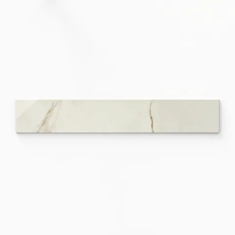 Kendrick Sand 4x24 bullnose tile in a polished finish, highlighting elegant beige hues with subtle veining for a seamless, sophisticated edge.