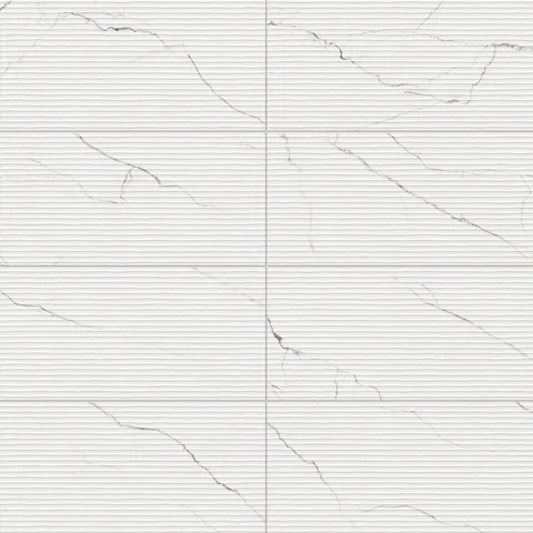 Natalia Calacatta Lincoln Deco 12x24 Matte Tile showcases fine veining and linear details, perfect for a modern aesthetic.