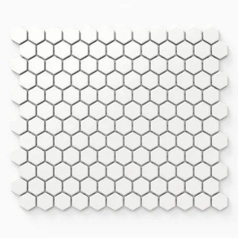 Levi 1x1 hexagon mosaic porcelain tile in a matte finish, showcasing a clean white honeycomb pattern perfect for sleek, modern designs