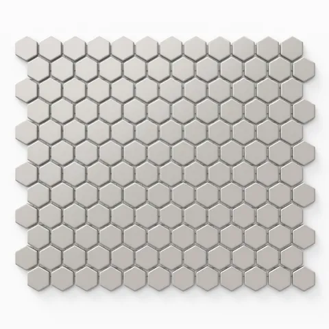 Levi 1x1 hexagon mosaic porcelain tile in a matte finish, featuring soft grey tones and a modern honeycomb pattern for versatile design